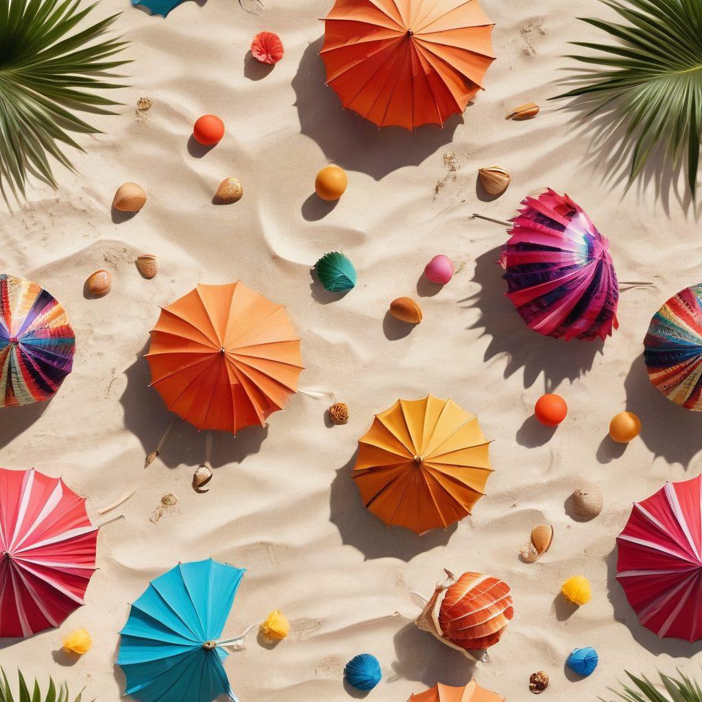 A vibrant beach scene showcasing a diverse group of stylish individuals in bohemian and pixie-inspired swimwear, adorned with flowing fabrics and playful accessories. The sun glimmers on the ocean waves as palm trees sway in the background, with colorful beach umbrellas dotting the scene. Include elements like seashells and beach balls to enhance the whimsical vibe. super-realistic. vibrant colors. tropical background.